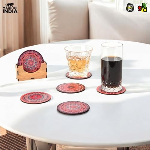 Gift Kya De Coaster Set Of 6 Fine Mandala Art Wooden Coasters With Proper Coaster Stand Coaster Set Fit For Tea Cups, Coffee Mugs And Glasses (3.5 X 3.5 Inch, Fine Mandala Design) Rangoli - Image 3