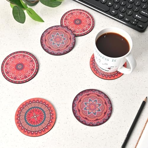 Gift Kya De Coaster Set Of 6 Fine Mandala Art Wooden Coasters With Proper Coaster Stand Coaster Set Fit For Tea Cups, Coffee Mugs And Glasses (3.5 X 3.5 Inch, Fine Mandala Design) Rangoli - Image 1