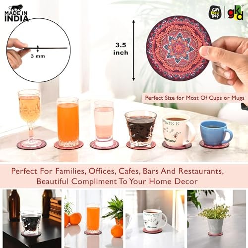 Gift Kya De Coaster Set Of 6 Fine Mandala Art Wooden Coasters With Proper Coaster Stand Coaster Set Fit For Tea Cups, Coffee Mugs And Glasses (3.5 X 3.5 Inch, Fine Mandala Design) Rangoli - Image 2