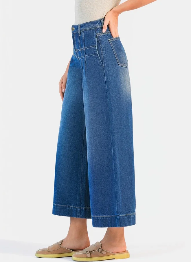 Virgio Light Blue Virgio Women Solid Cotton Denim Regular Fit High Rise Jeans with Seam Details for Women | Best Price UAE