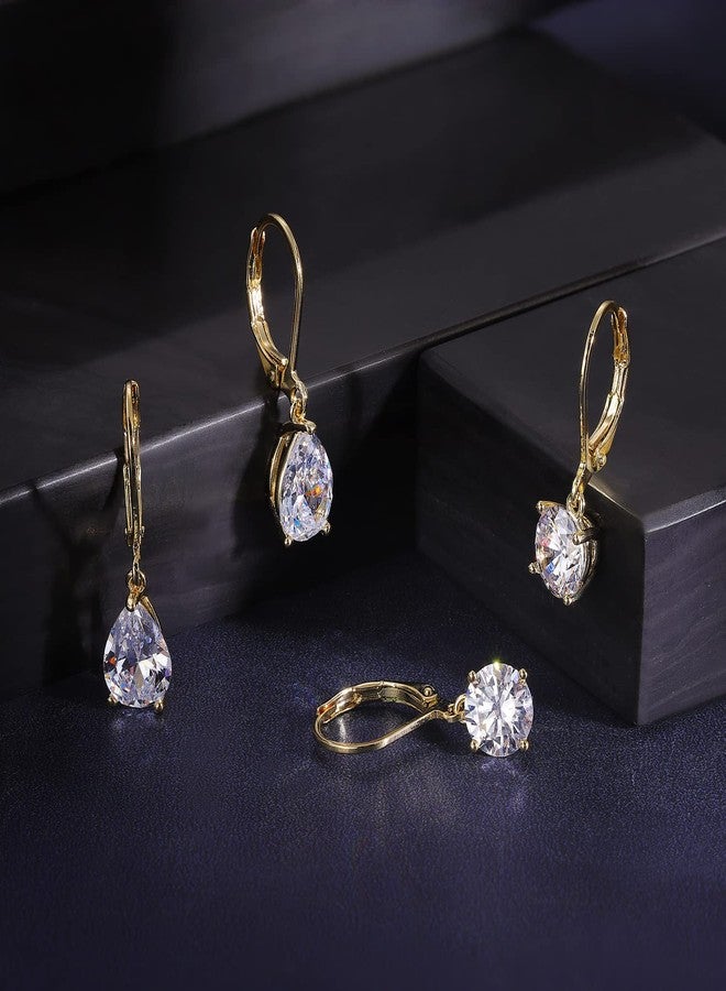 MDFUN Leverback Earrings Set for Women 18K Gold Plated Cubic Zirconia Dangle Earrings Hypoallergenic Drop Jewelry Gifts for Her (Round/Teardrop) - Image 5