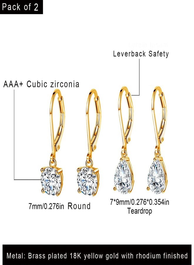 MDFUN Leverback Earrings Set for Women 18K Gold Plated Cubic Zirconia Dangle Earrings Hypoallergenic Drop Jewelry Gifts for Her (Round/Teardrop) - Image 2
