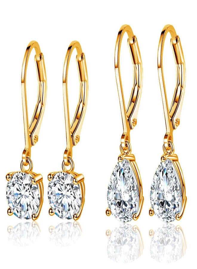 MDFUN Leverback Earrings Set for Women 18K Gold Plated Cubic Zirconia Dangle Earrings Hypoallergenic Drop Jewelry Gifts for Her (Round/Teardrop) - Image 1