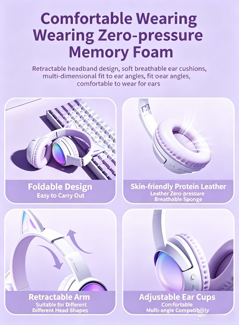 GUDOO Bluetooth Cat Ear Headphones for Kids & Adults, Wireless & Wired Mode Foldable Headset with Mic - Clear Sound Quality - RGB LED Light, for Girls School Gaming, for Phone/Laptop/PC/Tablet - Image 4