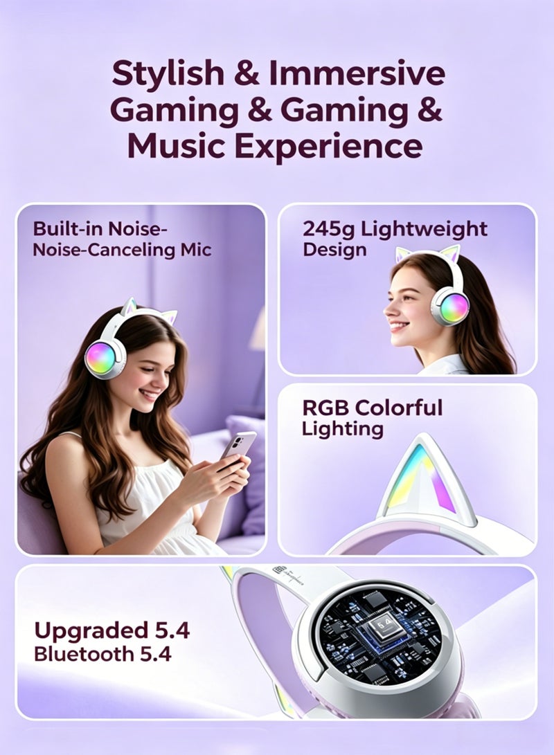 GUDOO Bluetooth Cat Ear Headphones for Kids & Adults, Wireless & Wired Mode Foldable Headset with Mic - Clear Sound Quality - RGB LED Light, for Girls School Gaming, for Phone/Laptop/PC/Tablet - Image 5