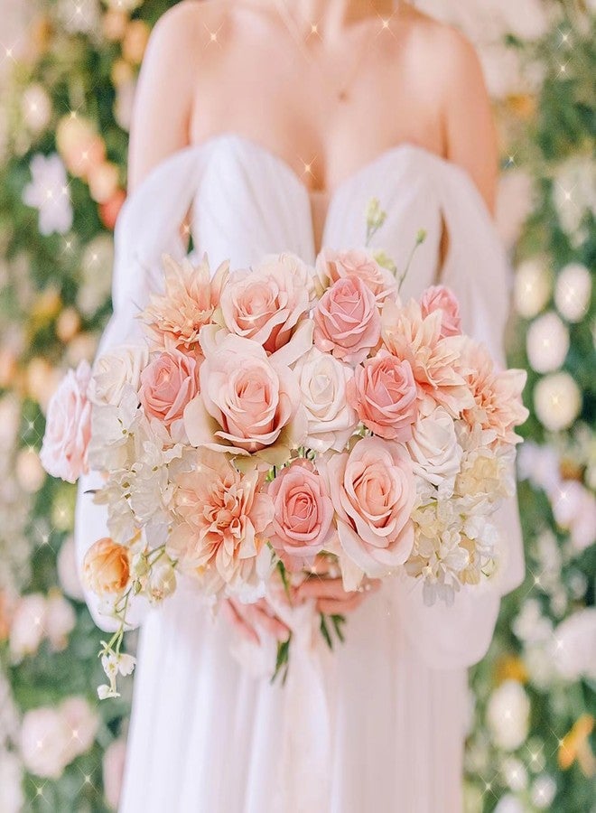 FACINOC Roses Artificial Flowers Peach Bouquet Box Set Fake Flower for DIY Bridal Wedding Shower Decorations Table Centerpieces Faux Silk Floral Arrangement for Party Home Decor Indoor Pink - Image 2
