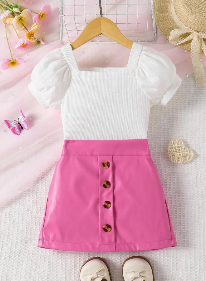 Take Two Girls Puff Sleeve Top and Button Skirt Set