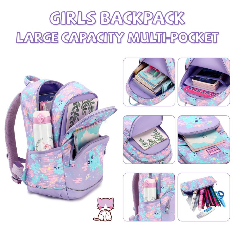 Cusangel Cat Backpack For Kids Girls,in 5-10 Ages Elementary and Toddler,Cute Daycare Backpack,18L kindergarten bookbag Lightweight Girls Backpacks with Whistle,Front buckle,Pencil Pouch - Image 3