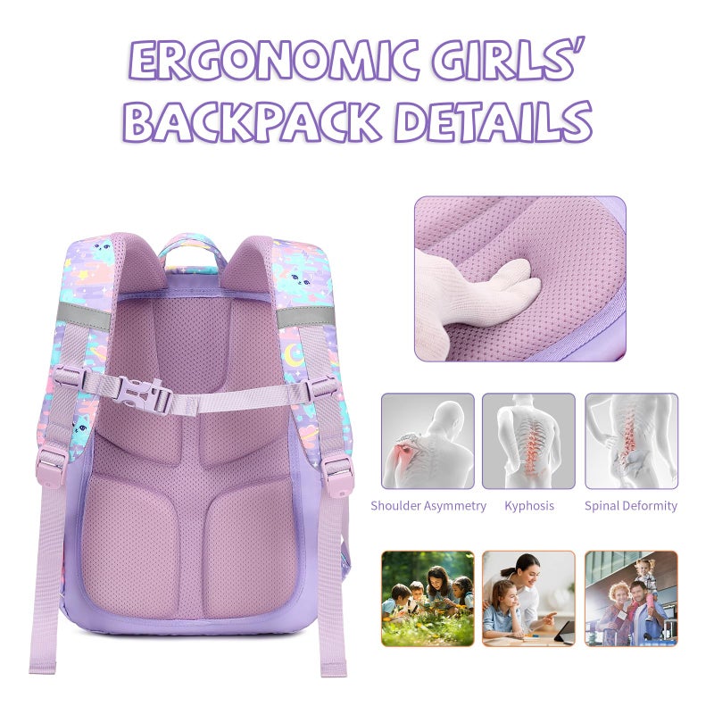 Cusangel Cat Backpack For Kids Girls,in 5-10 Ages Elementary and Toddler,Cute Daycare Backpack,18L kindergarten bookbag Lightweight Girls Backpacks with Whistle,Front buckle,Pencil Pouch - Image 5
