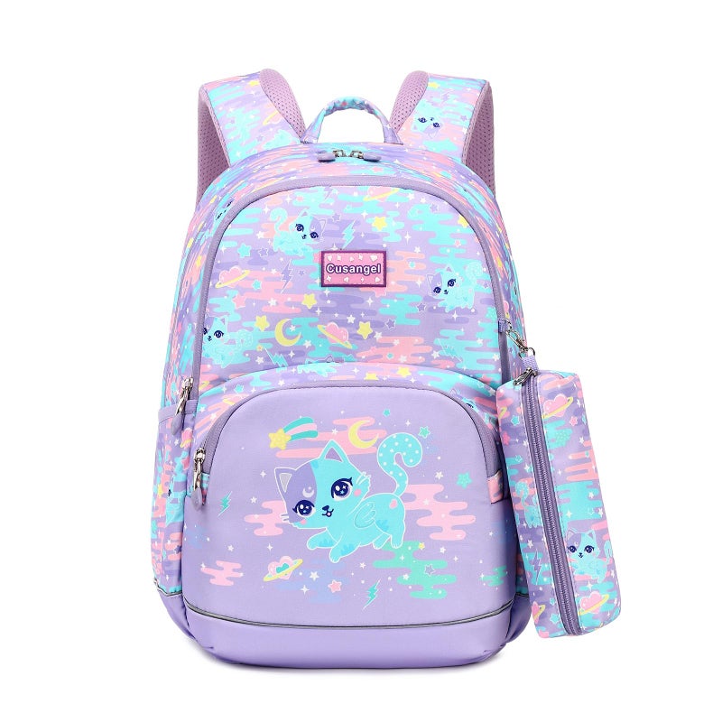 Cusangel Cat Backpack For Kids Girls,in 5-10 Ages Elementary and Toddler,Cute Daycare Backpack,18L kindergarten bookbag Lightweight Girls Backpacks with Whistle,Front buckle,Pencil Pouch - Image 1