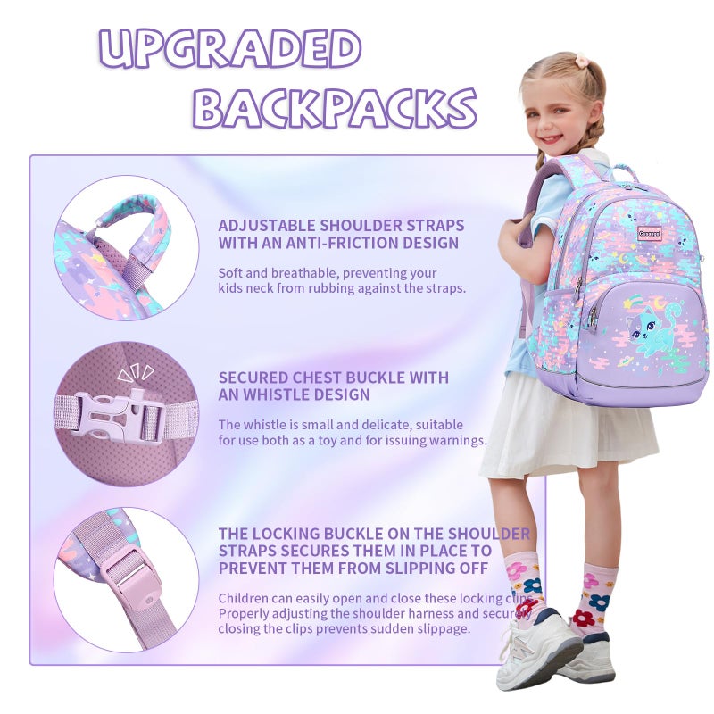 Cusangel Cat Backpack For Kids Girls,in 5-10 Ages Elementary and Toddler,Cute Daycare Backpack,18L kindergarten bookbag Lightweight Girls Backpacks with Whistle,Front buckle,Pencil Pouch - Image 4