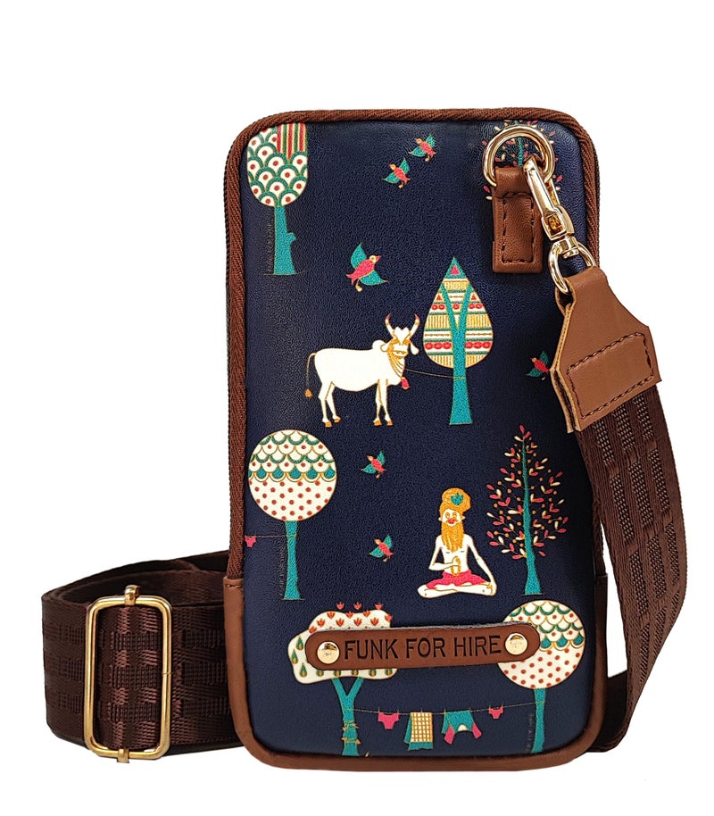Funk For Hire Womens Leatherette Printed Mobile Holder Sling Bag - Navy & Brown - Image 1
