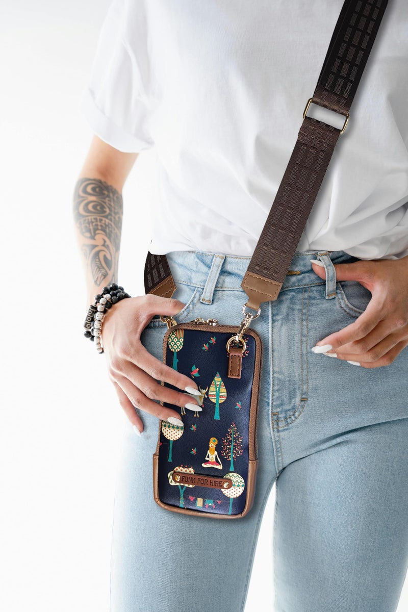 Funk For Hire Womens Leatherette Printed Mobile Holder Sling Bag - Navy & Brown - Image 4