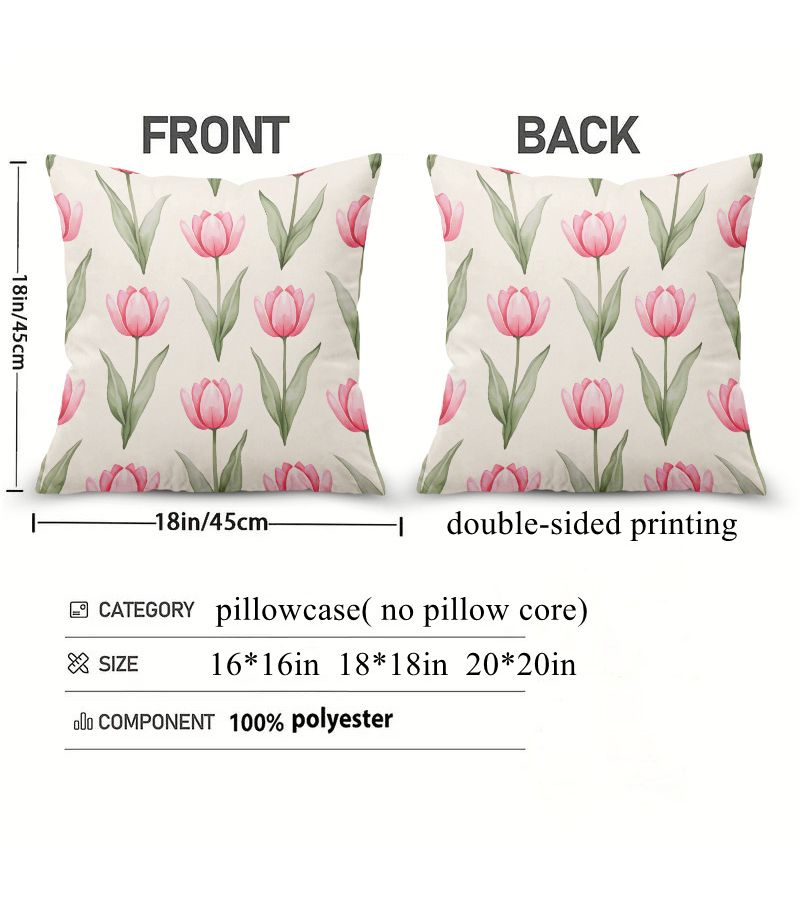 Pink Tulip Pattern Square Decorative Pillow Cover 20x20 Inch With Zipper - Image 3