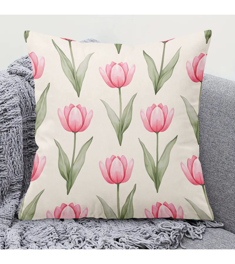 Pink Tulip Pattern Square Decorative Pillow Cover 20x20 Inch With Zipper - Image 1