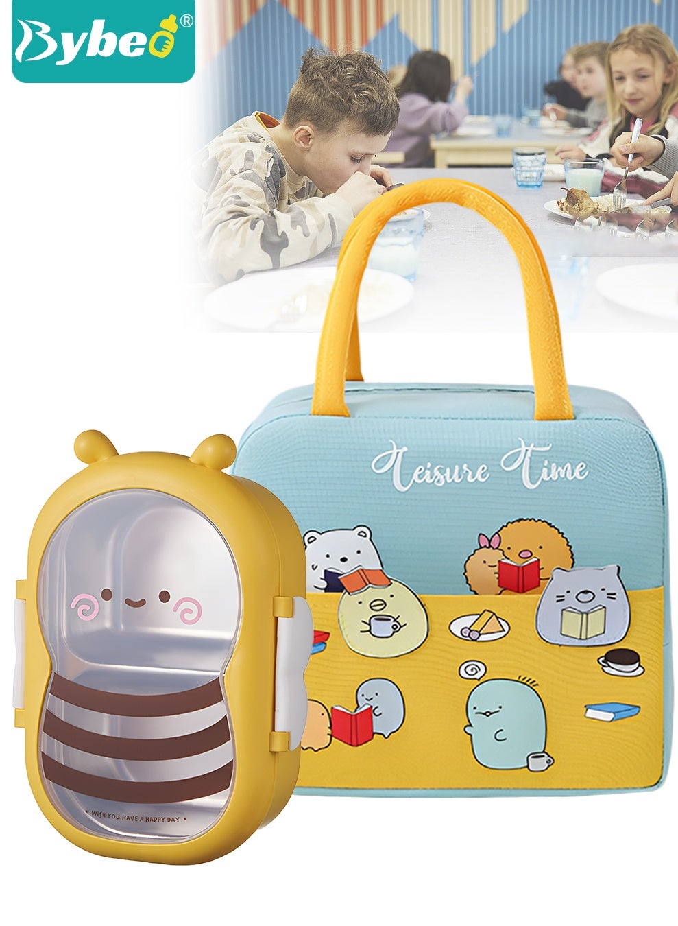 Stainless Steel Kids Bento Box with Lunch Bag, Insulated Lunch Boxs to School, Food Containers with 2 Compartments, BPA Free, Microwave & Dishwasher Safe