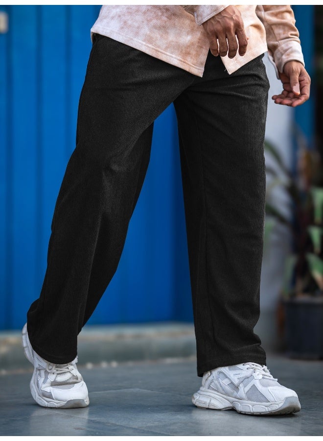 Maniac Maniac Mens Solid Black Corduroy Fabric Trackpant  - Image 1
