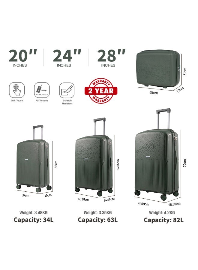 Eagle Express Neon X 4 Piece Luggage Set 14/20/24/28 Inch Deep Green, PP Hard Shell Trolley Suitcase Set with Lightweight Design, Scratch Resistant Travel Luggage, Cabin & Check-In Bags with Spinner Wheels, Secure Lock System and 2 Year Warranty - Image 3