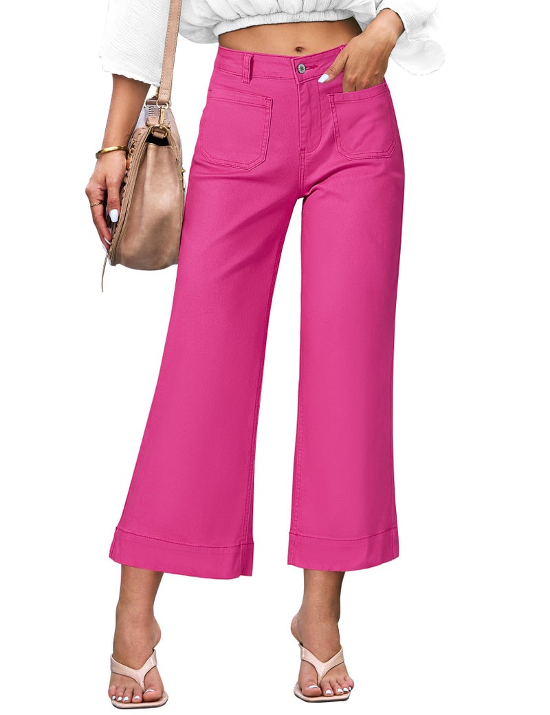 Luvamia Hot Pink High Waisted Wide Leg Flare Jeans for Women, Size 12-14, Casual Jeans with Stretchy Denim Fabric, 26 Inch Inseam - Image 1