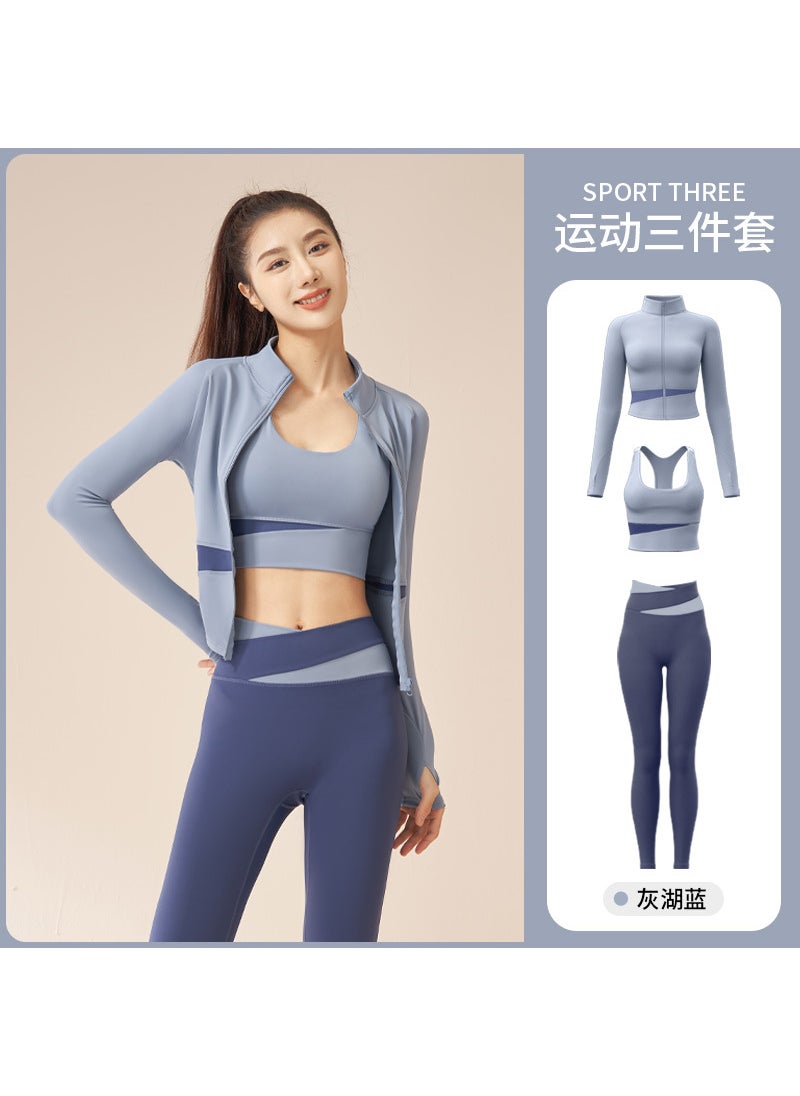 Generic - Color Block Yoga Suit Slimming Fitness Set Grey Lake Blue Three-Piece Set (Jacket + Pants + Bra) - Image 1