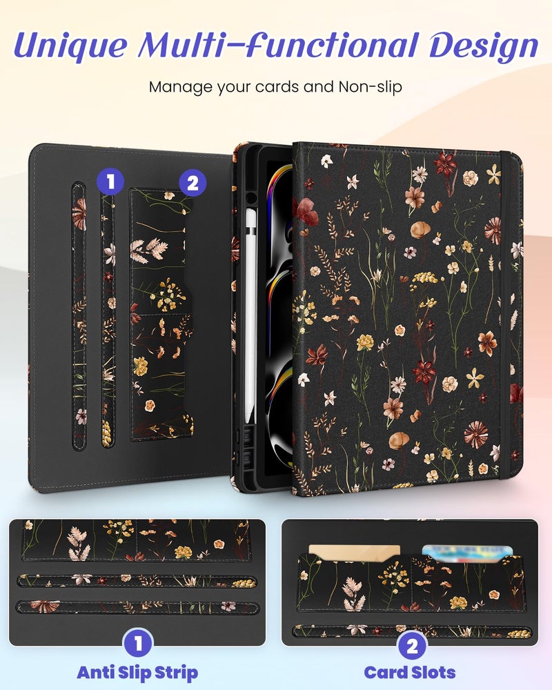 Kidcube for iPad Pro 13 Inch Case M4 2024 - Women Girls Cute Rotating Stand Folio Cover with Pencil Holder & Card Slot Flowers Floral Unique Design for iPad Pro 13 Inch Case 2024 (A2925 A2926 A3007) - Image 3