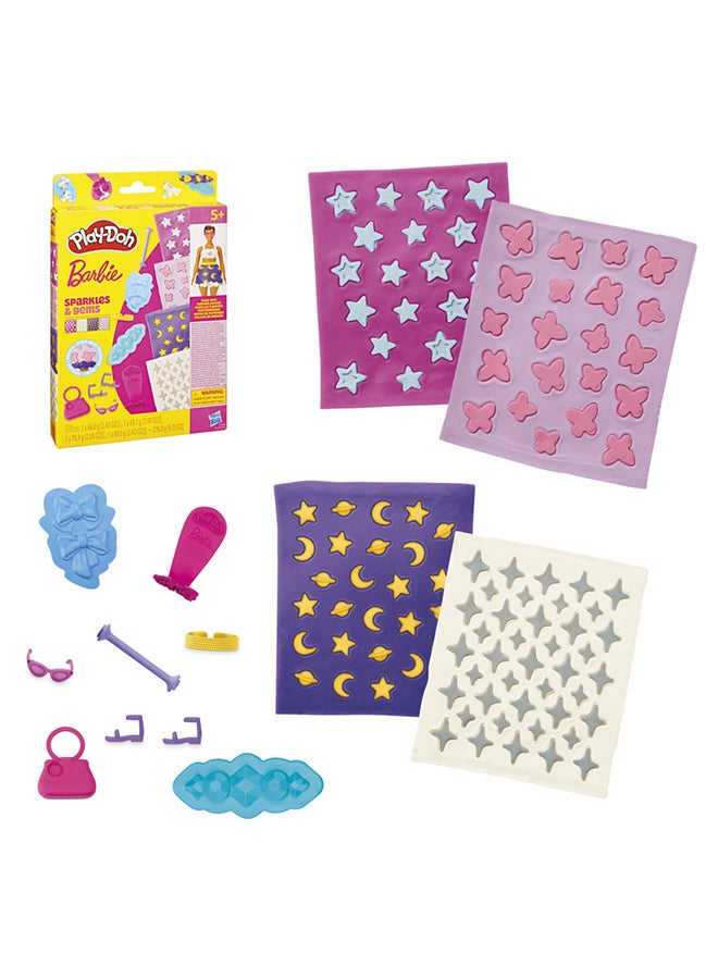 Play-Doh باك ملحقات باربي من بلاي دو مع اللمعان والجواهر، 4 أوراق نمط لإعادة التعبئة من مركب النمذجة، 8 ملحقات أزياء، فنون وحرف للأطفال من عمر 5 سنوات فما فوق (الدمية غير مشمولة) - Image 1