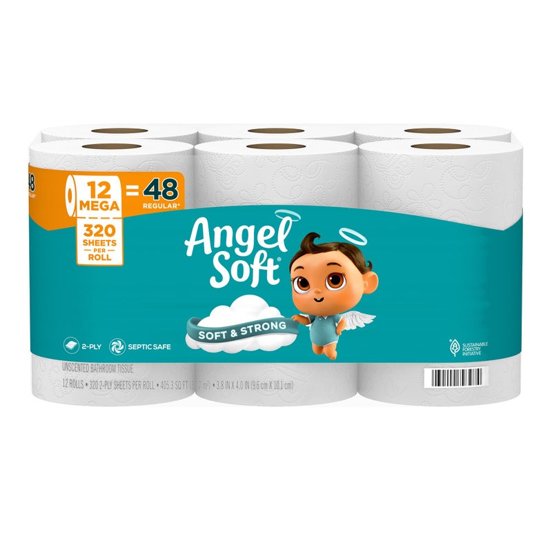 Angel Soft ورق تواليت أنجل سوفت 12 لفة ميغا 48 لفة عادية ناعمة وقوية - Image 3