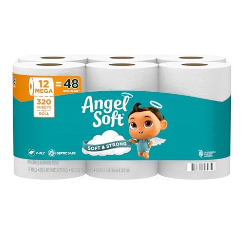 Angel Soft ورق تواليت أنجل سوفت 12 لفة ميغا 48 لفة عادية ناعمة وقوية - Image 2