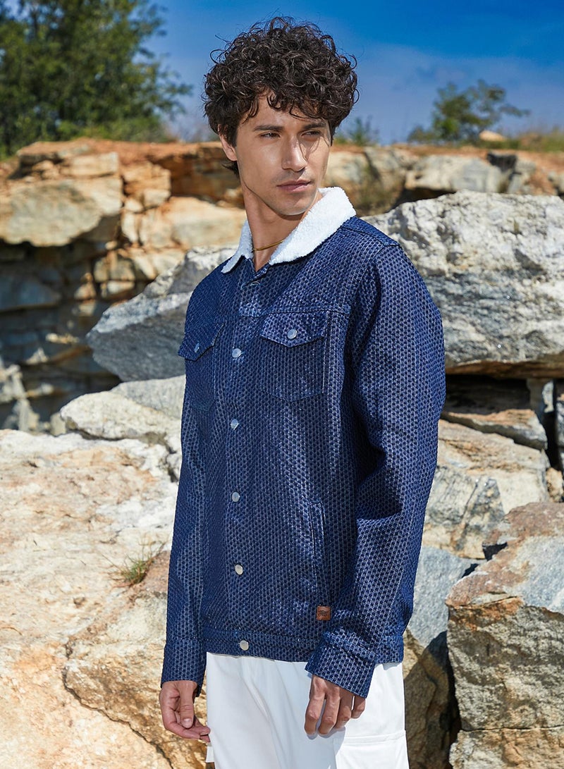 كامبوس سوترا Men's Denim Blue Fleece Polka Dot Denim Jacket  - Image 3