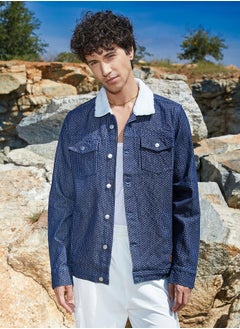 Campus Sutra Men's Denim Blue Fleece Polka Dot Denim Jacket  - Image 2