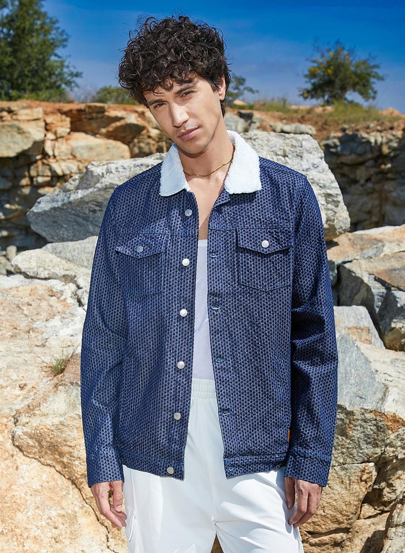 كامبوس سوترا Men's Denim Blue Fleece Polka Dot Denim Jacket  - Image 2