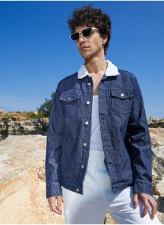 Campus Sutra Men's Denim Blue Fleece Polka Dot Denim Jacket  - Image 1
