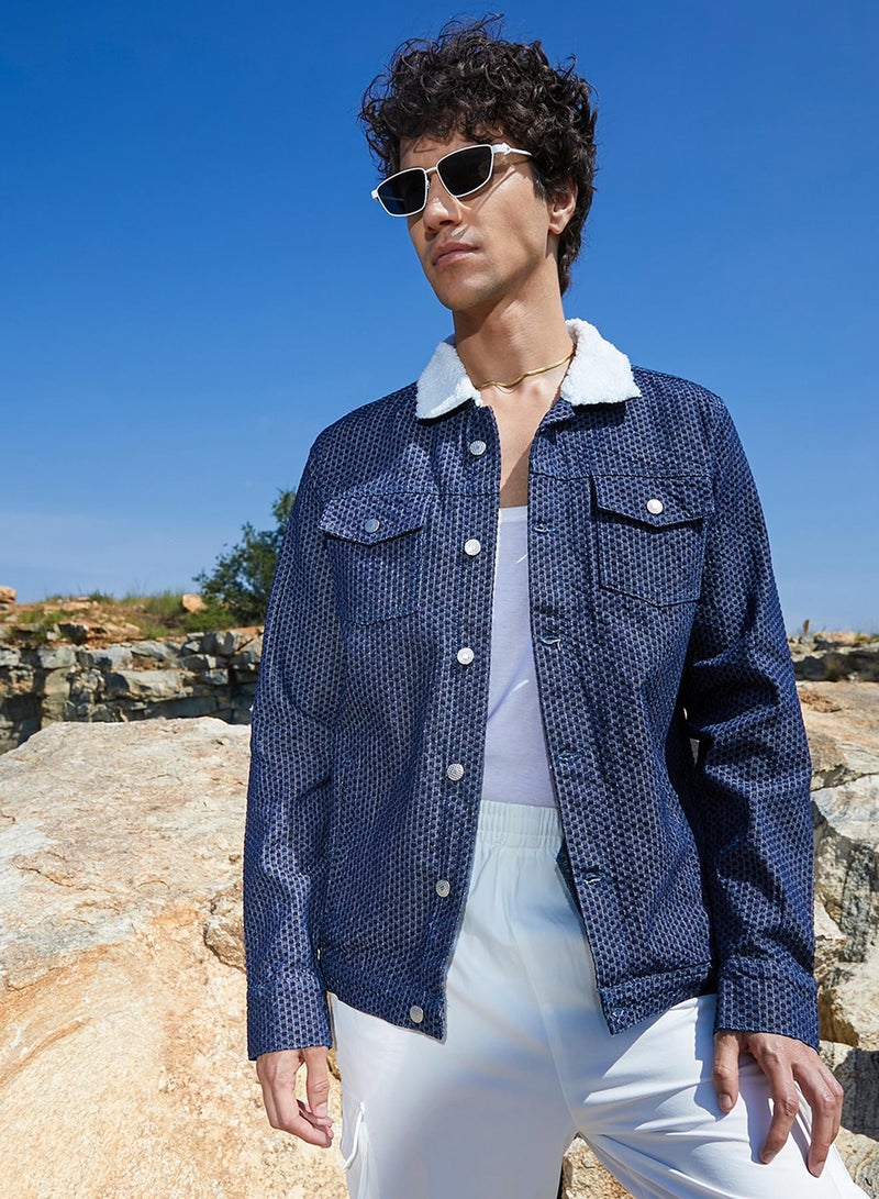 كامبوس سوترا Men's Denim Blue Fleece Polka Dot Denim Jacket  - Image 1