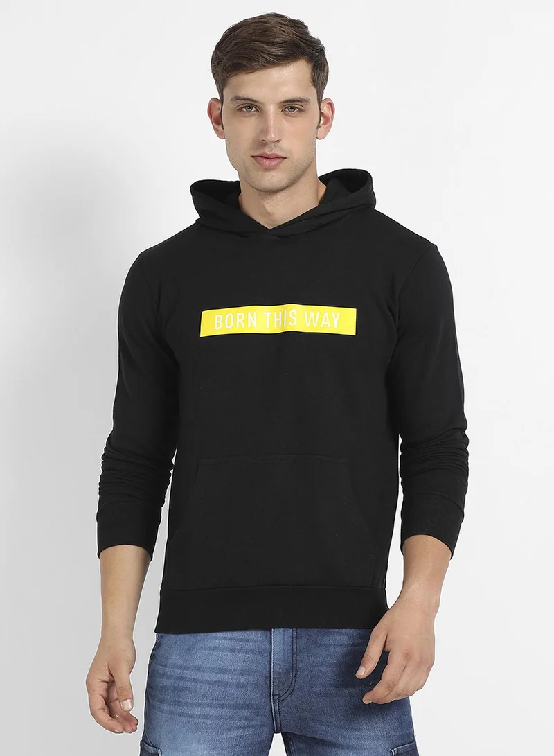 Campus Sutra Men's Onyx Black Born-This-Way Print Pullover Hoodie