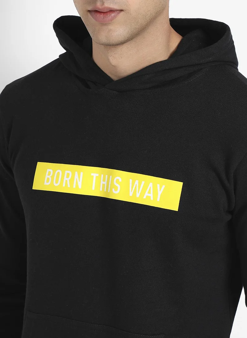 Campus Sutra Men's Onyx Black Born-This-Way Print Pullover Hoodie
