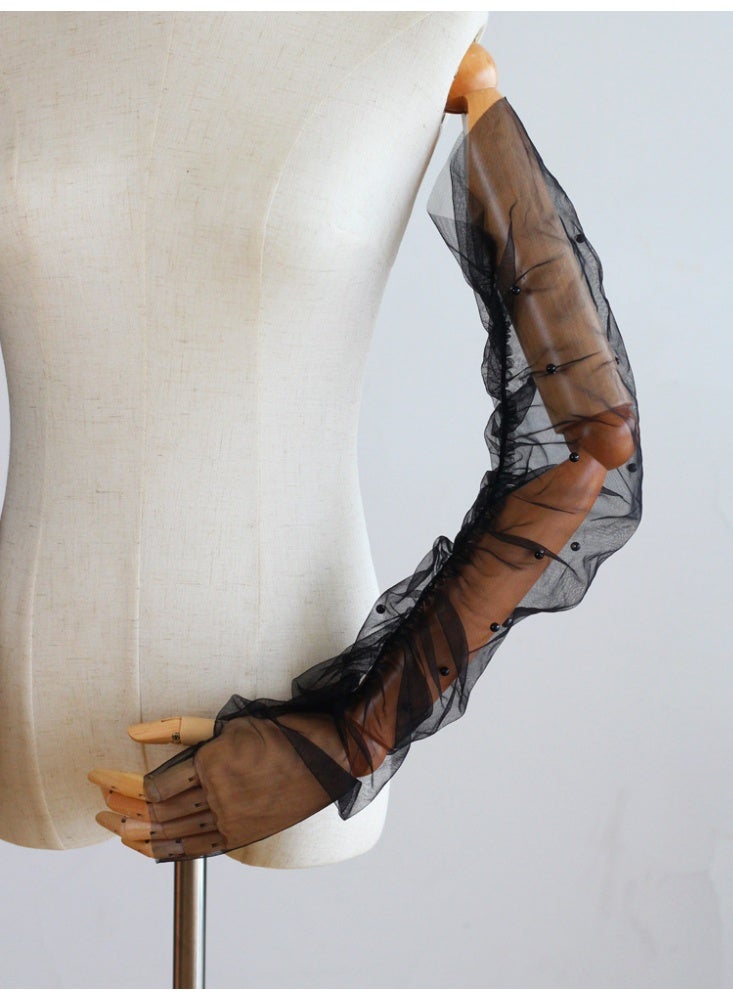 Bridal Long Gloves with Pearl Beading, Sheer Tulle Arm Sleeves, Wedding Accessories, Available in White and Black(black)  - Image 3