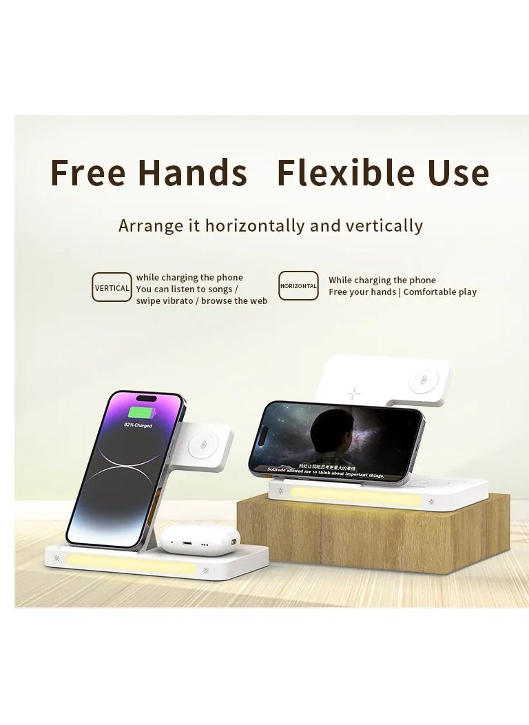 4-in-1 Folding Wireless Charger with Ambient Desktop Lamp - 15W Fast Charging for iPhone, 5W for AirPods, 2W for Apple Watch, USB Type-C, Compact & Stylish Design for Home, Office, and Travel
