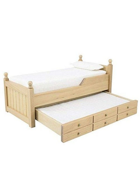 1:12 Furniture Wooden Wood Color Trundle Wooden Bed Miniature Bed With Bedding And Decorative Pillow Pullout Type