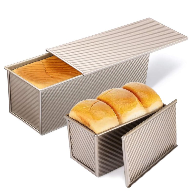 PADELE 2 Pack Pullman Loaf Pan with Lid, 13x4 & 9x4 inch (2.2 lb & 1 lb Dough Capacity), Non-Stick Sandwich Bread Loaf Pan for Homemade Baking Bread, Gold - Image 1
