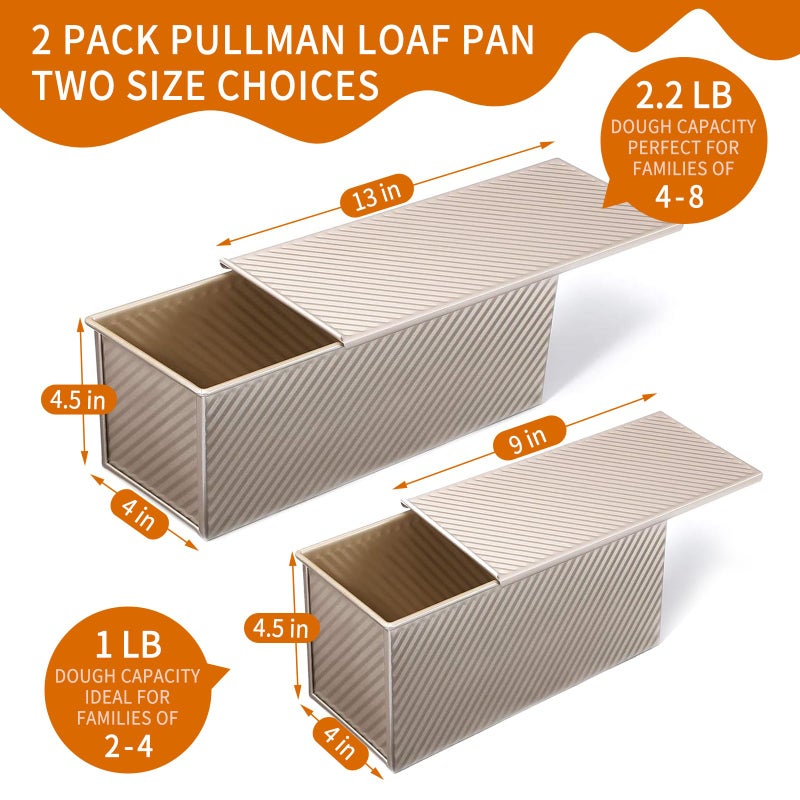 PADELE 2 Pack Pullman Loaf Pan with Lid, 13x4 & 9x4 inch (2.2 lb & 1 lb Dough Capacity), Non-Stick Sandwich Bread Loaf Pan for Homemade Baking Bread, Gold - Image 2