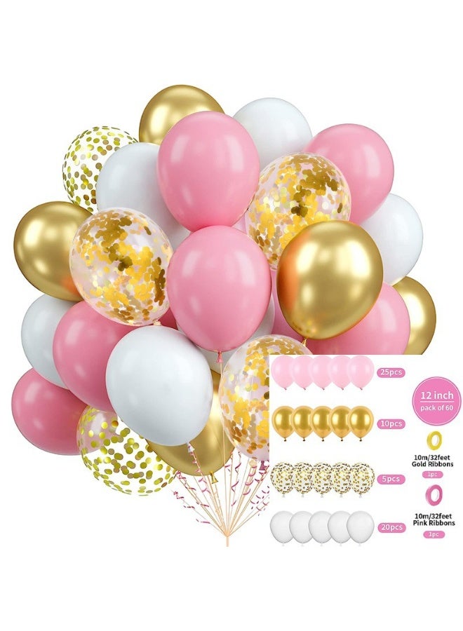 Pink Balloons Set,60 PCS Balloons Pink and White,Glitter Helium Balloons with Gold Ribbons,For Wedding Birthday Girls Baby Shower Mother's Day Party Decoration - Image 2