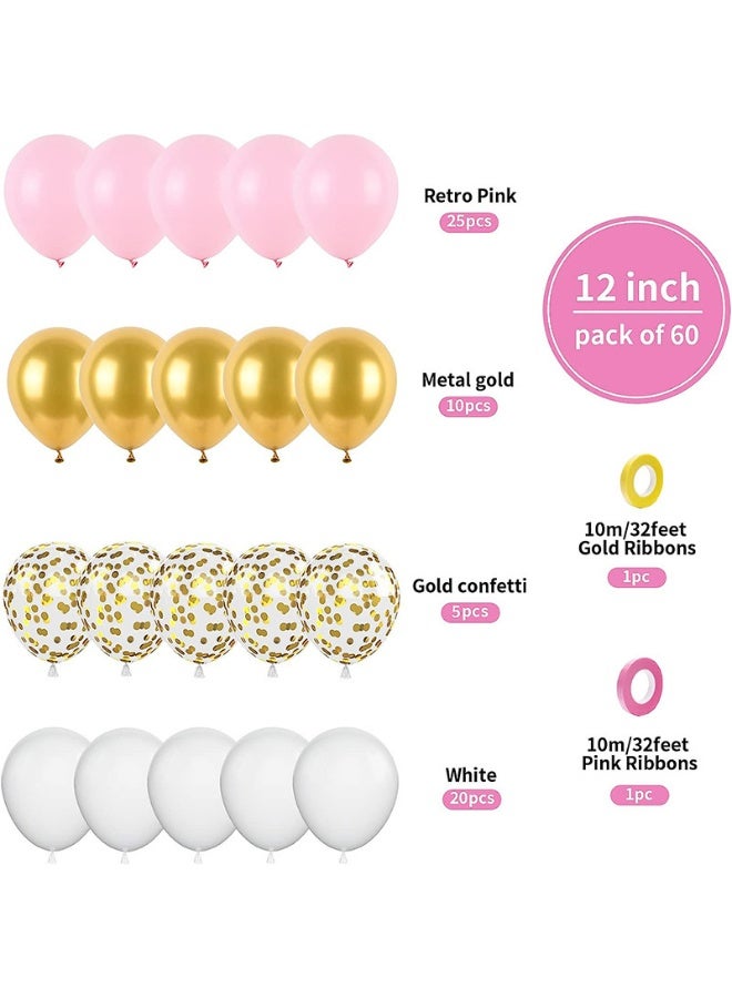 Pink Balloons Set,60 PCS Balloons Pink and White,Glitter Helium Balloons with Gold Ribbons,For Wedding Birthday Girls Baby Shower Mother's Day Party Decoration - Image 3