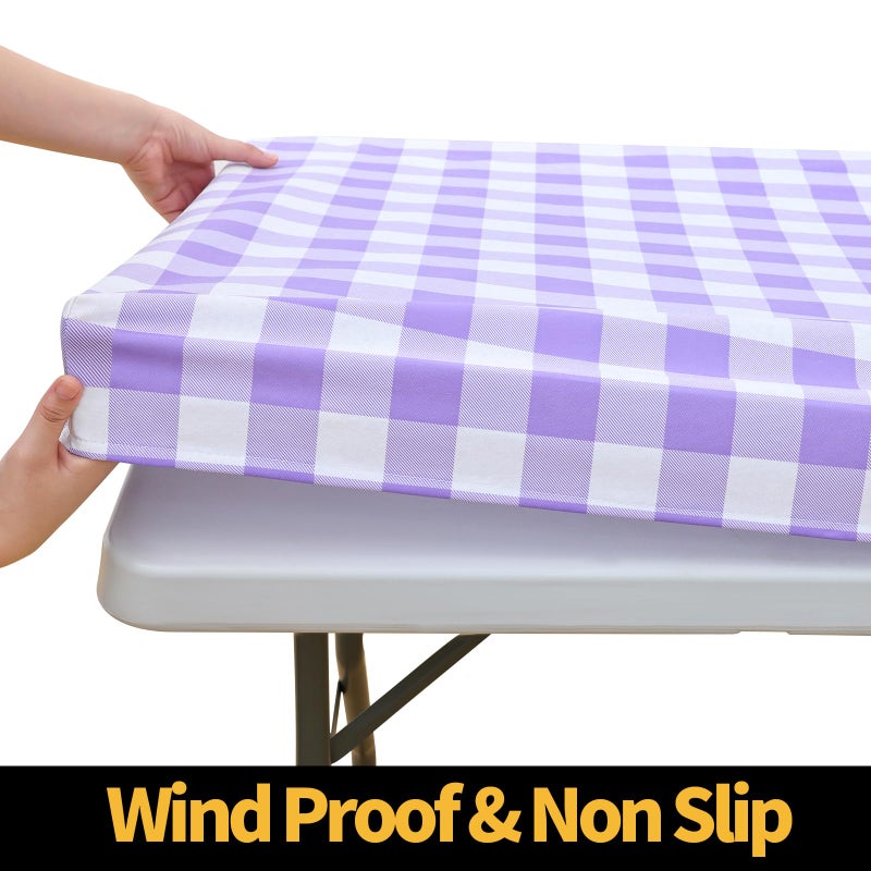 Smiry Rectangle Picnic Table Cloth, Elastic Waterproof Fitted Vinyl Tablecloths, Flannel Backed Buffalo Plaid Table Covers for Dining, Camping, Outdoor (White and Purple, 30" x 72") - Image 2