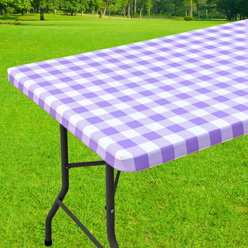 Smiry Rectangle Picnic Table Cloth, Elastic Waterproof Fitted Vinyl Tablecloths, Flannel Backed Buffalo Plaid Table Covers for Dining, Camping, Outdoor (White and Purple, 30" x 72") - Image 1