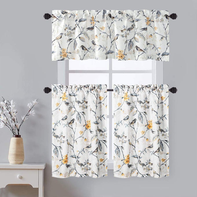 ROD POCKET KITCHEN CURTAINS AND VALANCES SET BIRDS PRINTED TIERS VALANCES FOR WINDOWS FOR KITCHEN BATHROOM 52 X 18 30 X 36 3 PANEL