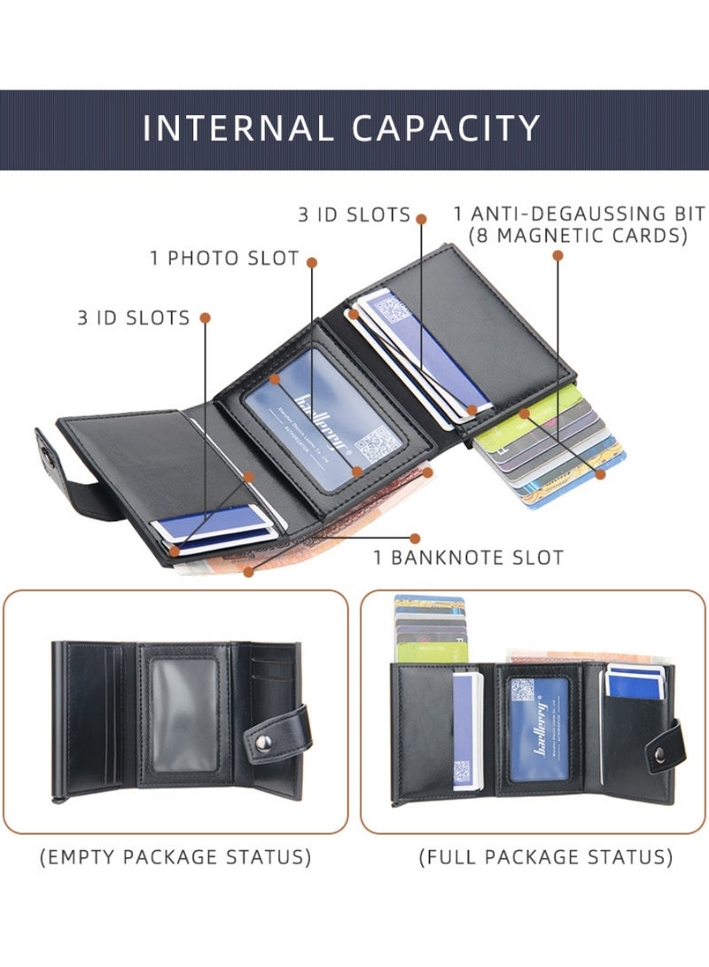 بايلليري محافظ جلدية للرجال، محفظة رفيعة وبسيطة لحمل بطاقات الائتمان بتصميم منبثق، حافظة بطاقات بنكية معدنية تحجب RFID مع جيب للعملات المعدنية، نافذة هوية، تتسع لما يصل إلى 8 بطاقات، قفل بزر، أسود - Image 5