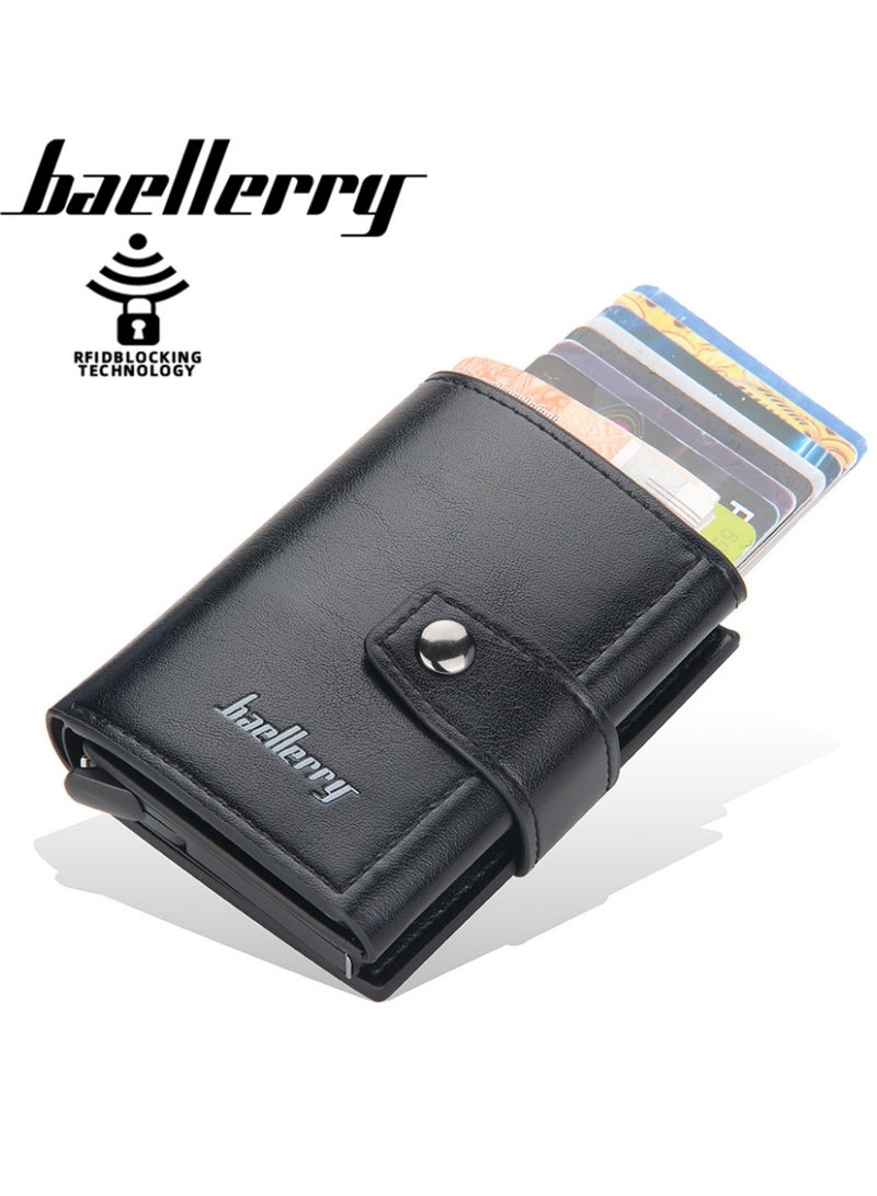 بايلليري محافظ جلدية للرجال، محفظة رفيعة وبسيطة لحمل بطاقات الائتمان بتصميم منبثق، حافظة بطاقات بنكية معدنية تحجب RFID مع جيب للعملات المعدنية، نافذة هوية، تتسع لما يصل إلى 8 بطاقات، قفل بزر، أسود - Image 1