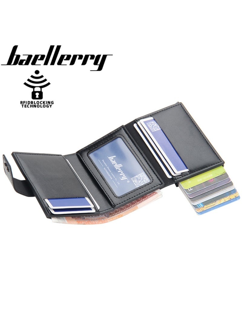 بايلليري محافظ جلدية للرجال، محفظة رفيعة وبسيطة لحمل بطاقات الائتمان بتصميم منبثق، حافظة بطاقات بنكية معدنية تحجب RFID مع جيب للعملات المعدنية، نافذة هوية، تتسع لما يصل إلى 8 بطاقات، قفل بزر، أسود - Image 2
