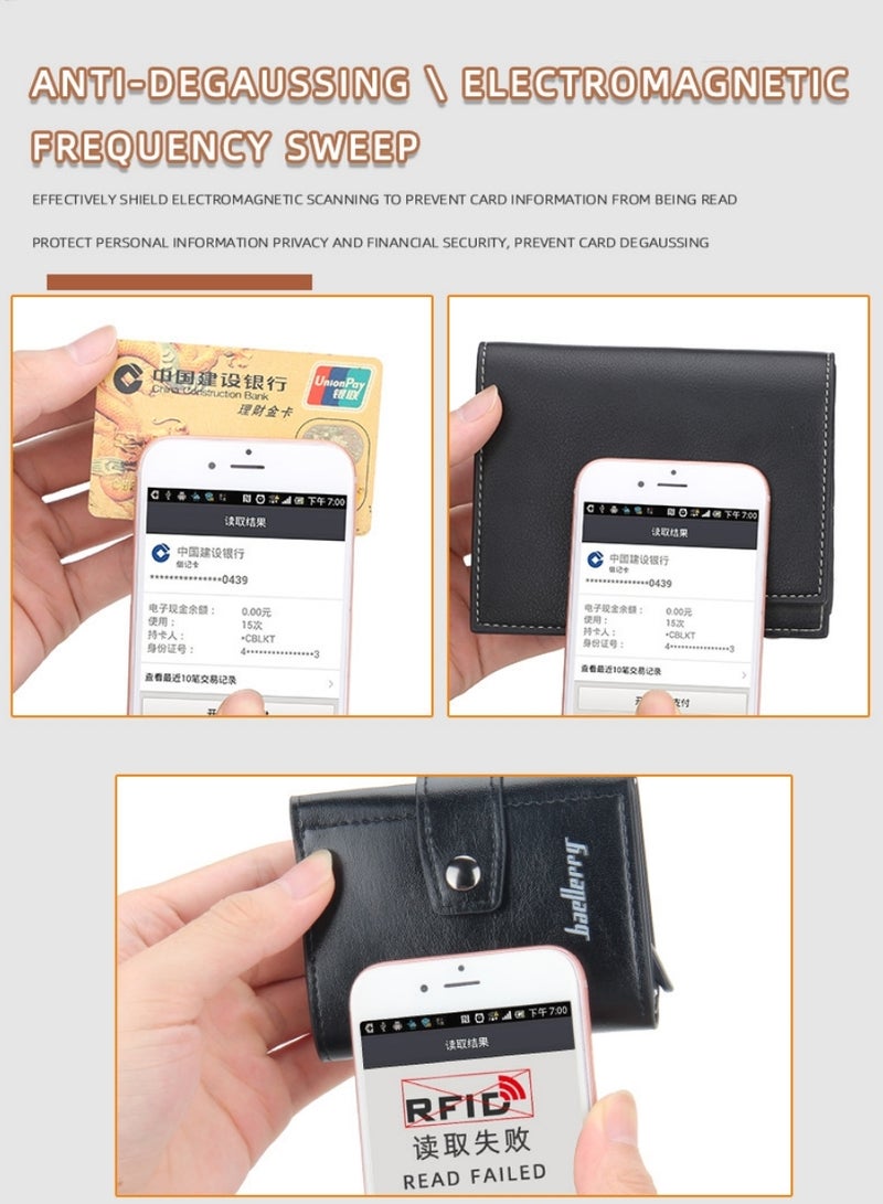 بايلليري محافظ جلدية للرجال، محفظة رفيعة وبسيطة لحمل بطاقات الائتمان بتصميم منبثق، حافظة بطاقات بنكية معدنية تحجب RFID مع جيب للعملات المعدنية، نافذة هوية، تتسع لما يصل إلى 8 بطاقات، قفل بزر، أسود - Image 4