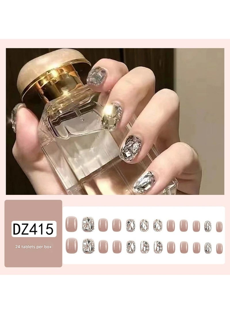 Goolsky أظافر قصيرة شفافة مزينة بالأحجار الكريمة - نصائح أظافر مزيفة فاخرة بالكامل لحفلات النوادي بأسلوب Y2K، 24 قطعة - Image 1